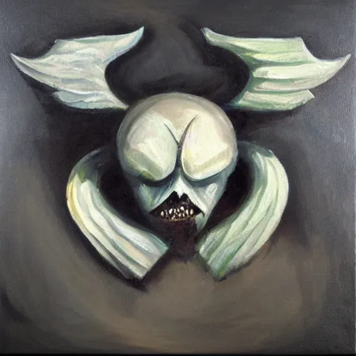 Image similar to polished rectangular round edged stone with demon wings and a barely visible demon face, oil painting, detailed