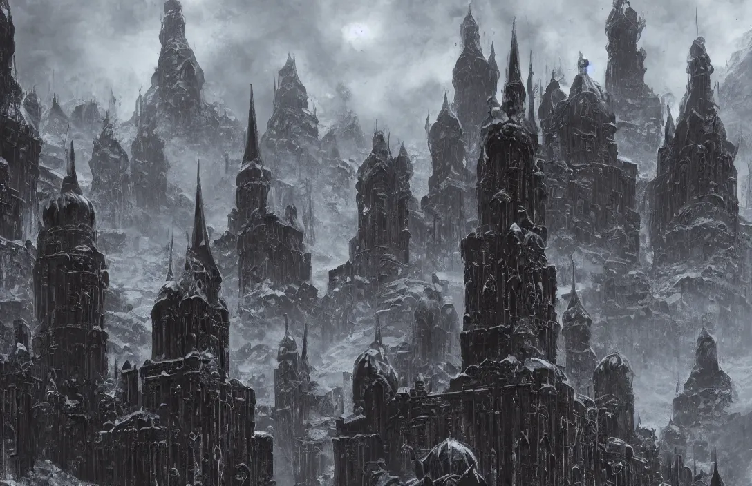 Prompt: The capital of a warhammer 40k imperial russian citadel with black domes and spires, sci fi, located in the frozen northern wastes, soviet tower blocks, neo gothic magnificence, foreboding black steel exterior, snow capped mountains, fantasy, highly detailed, digital painting, artstation, concept art, illustration, art by Bayard Wu and Marc Simonetti and Diego Gisbert Llorens