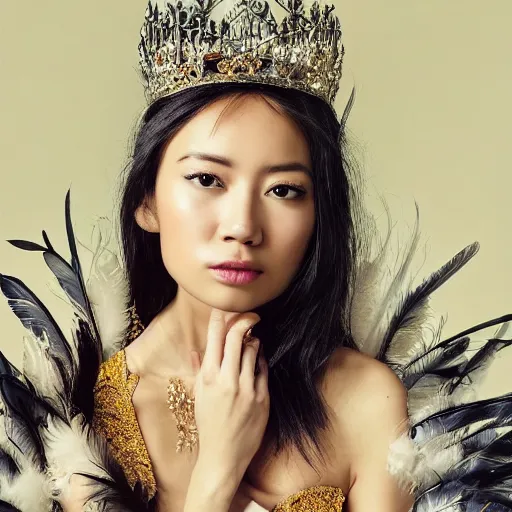 Image similar to portrait of asian princess bird sitting on the tree brunch, fashion photography, dress with feathers, jewellery, beautiful face, elegant, stylish, cool, deep gaze, emotionally touching, tenderness, high quality, photo realistic, work in the style of annie leibowitz