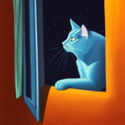 Image similar to The blue cat looking out of the window at night