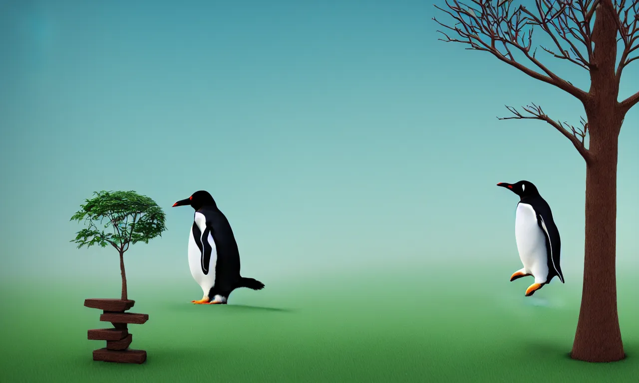 Image similar to penguin building a tree, digital art, 3 d illustration, transparent backround
