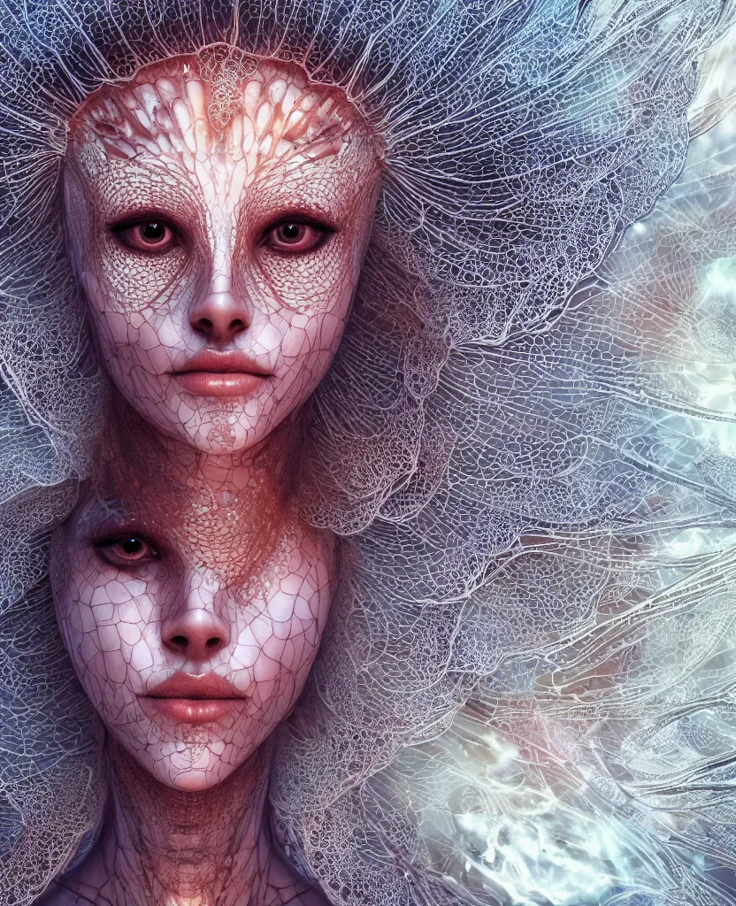 Image similar to close-up macro portrait of the face of a beautiful princess with lace mask, epic angle and pose, ribcage skeleton symmetrical artwork, 3d with depth of field, blurred background, cybernetic jellyfish female face phoenix bird, translucent, nautilus, energy flows of water and fire. a highly detailed epic cinematic concept art CG render. made in Maya, Blender and Photoshop, octane render, excellent composition, cinematic dystopian brutalist atmosphere, dynamic dramatic cinematic lighting, aesthetic, very inspirational, arthouse, Greg Rutkowski, Ilya Kuvshinov, WLOP, Stanley Artgerm Lau, Ruan Jia and Fenghua Zhong