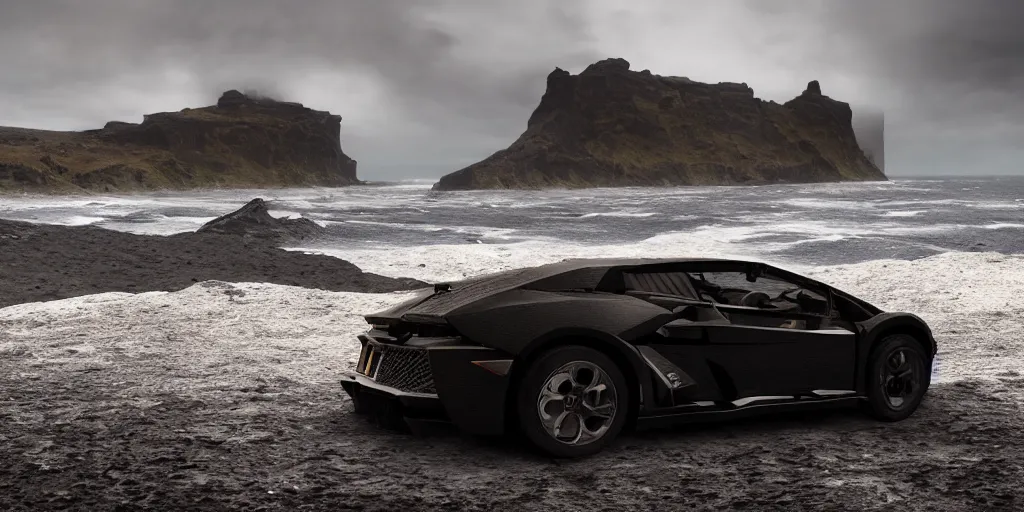 Image similar to a black lego lamborghini driving at the icelandic coast line. black sand. dramatic sky. cinematic. intricate. mist. low angle wide shot. highly detailed. matte painting in the style of andreas rocha. octane render. 8 k. trending on artstation