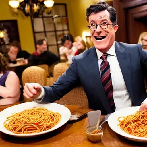 Image similar to stephen colbert punching a plate of spaghetti at olive garden