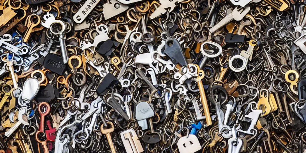 Prompt: heap of many keys of different sizes and styles, unsorted product photo, wallpaper, high detail