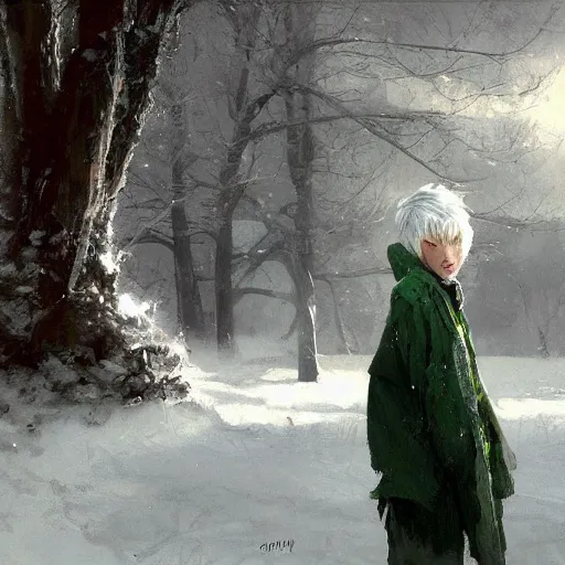 Image similar to a 14 year old teenage boy ghost with white hair and green eyes. White breath showing in the cold air. He is shivering from the cold. Sakimichan Repin. By Craig Mullins