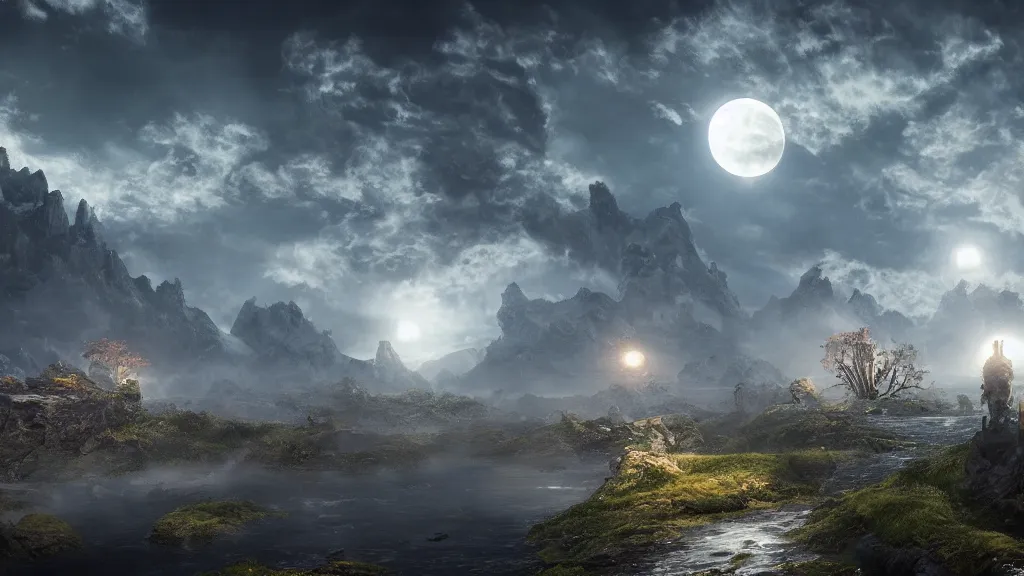 Prompt: two moons, fantasy artwork, very very very beautiful scenery, hd, hdr, ue 5, ue 6, unreal engine 5, cinematic 4 k wallpaper, 8 k, ultra detailed, high resolution, artstation, award winning