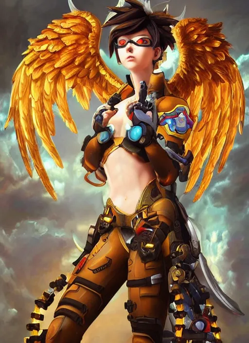 KREA - full body oil painting of tracer overwatch in the style of artgerm,  angel wings, angelic golden armor, dramatic painting, symmetrical  composition, ornate, high detail, gold detailed collar!!!!!, blooming,  lights, flowers