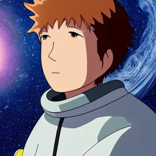 Image similar to Spirited away, guy with dark blonde hair and blue eyes in space, profile picture