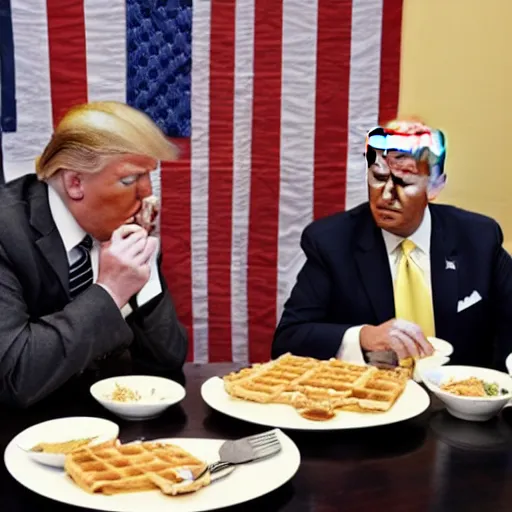 Image similar to photograph of trump and Biden sitting and eating breakfast at a Wafflehouse