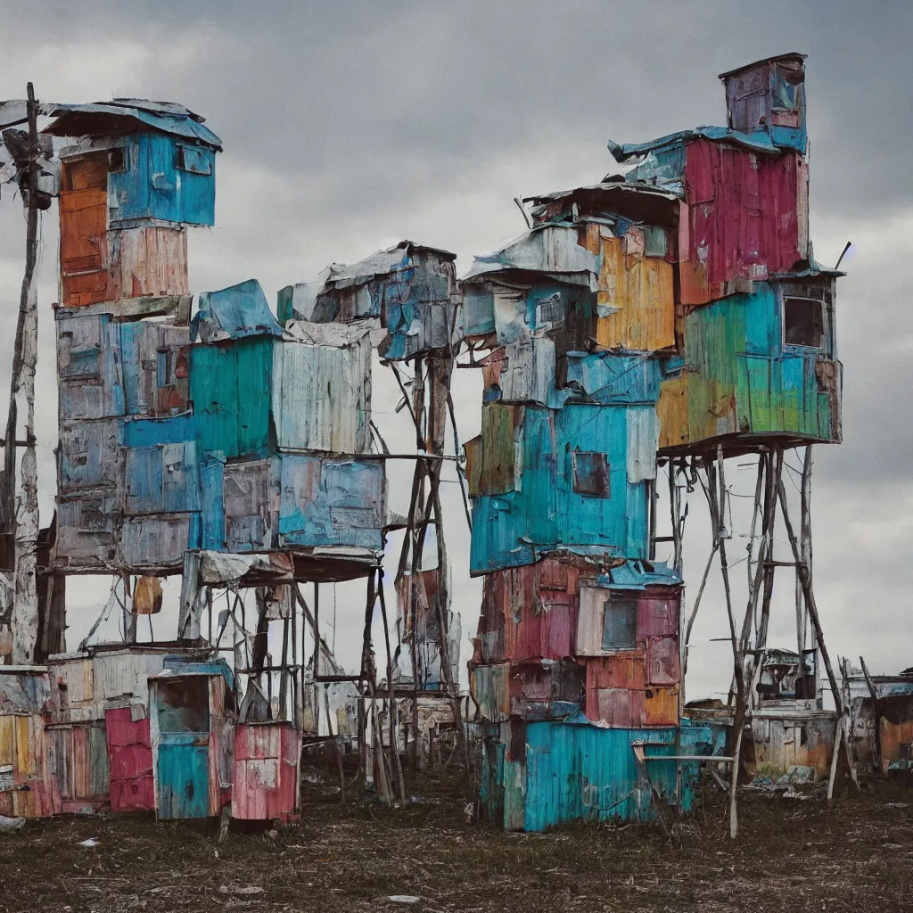 Image similar to close - up view of a tower made up of colourful makeshift squatter shacks, faded colours, plain off white sky, mamiya, very detailed, photographed by cristina de middel