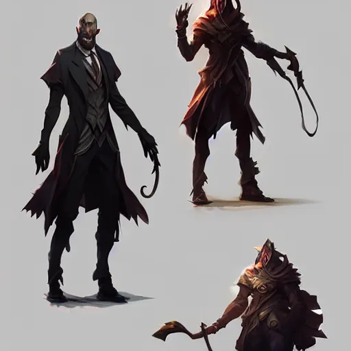 Prompt: concept art of league of legends character gentleman from hell, greg rutkowski, trending on artstation, character design, highly detailed, photorealisitc, ambient lighting, anato finnstark, piotr jablonski