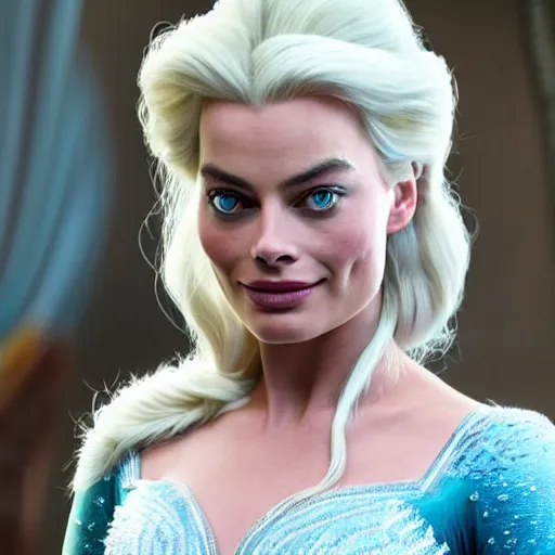 Image similar to Margot Robbie as Elsa in disney frozen live action, 8k full HD photo, cinematic lighting, anatomically correct, oscar award winning, action filled, correct eye placement,