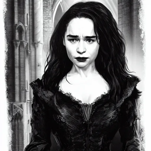 Image similar to emilia clarke as a vampire in a gloomy gothic cathedral at night