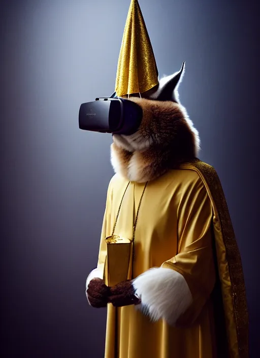 Image similar to cute fluffy anthropomorphic caracal as orthodox priest in golden clothes, caracal head, wearing vr, in orthodox icons at background, dynamic lighting, darkness, atmospheric, surrealistic, ambients, dramatic, blurry bokeh cinematic, depth of field, 8 0 mm f 1. 8, by bussiere rutkowski andreas rocha