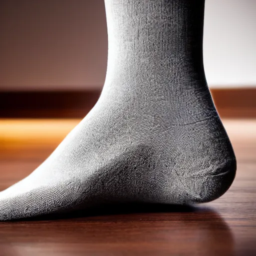 Image similar to commercial shot of the dusty sock you found behind your couch, dramatic beautiful lighting, 8k photgraphy, 50mm f1.8, macro