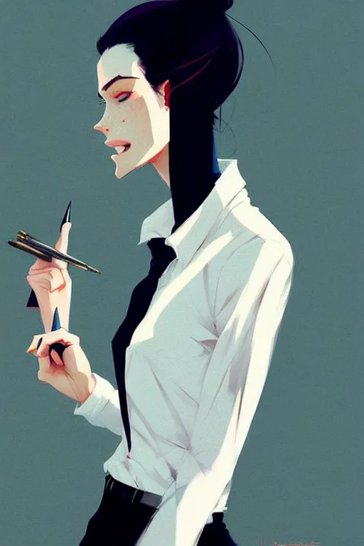 Image similar to a ultradetailed beautiful panting of a stylish woman, she is wearing a white shirt with a tie and black pants, by conrad roset, greg rutkowski and makoto shinkai trending on artstation