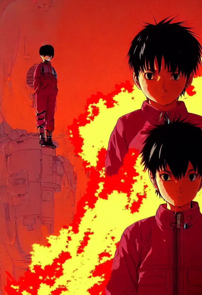 Image similar to detailed anime character portrait of kaneda from akira by katsuhiro otomo, silhouetted by a burning sun in neo - tokyo | anime, matte painting, dystopian megacity neo - tokyo, perfect, fine details, realistic, shaded, lighting, akira, artgerm, jeremy lipkin and michael garmash and rob rey