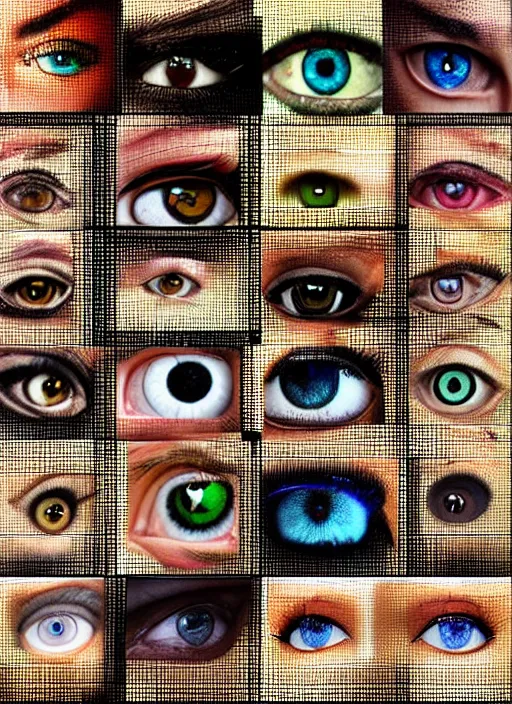 Image similar to grid montage of square shaped eyes, square shaped dilated pupils, square irises, detailed colored textures, eyelashes, advanced art, art styles mix, from wikipedia, wet reflections in eyes, sunshine light, hd macro photograph, from side, various eyelid positions, square black pupil centered