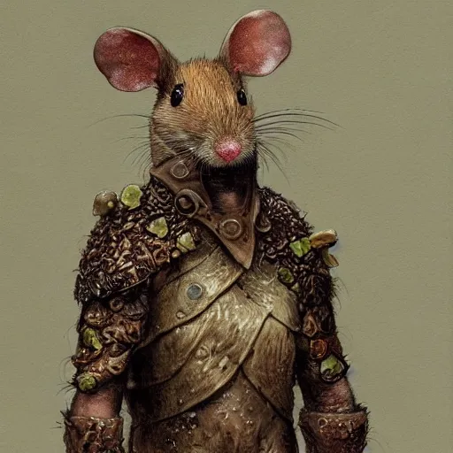 Image similar to detailed realistic body portrait of a mouse druid in full plate ceremonial armor, covered in fungus and mushrooms, decayed plant matter, leaves, by Gerald Brom and Alan Lee, ArtStation