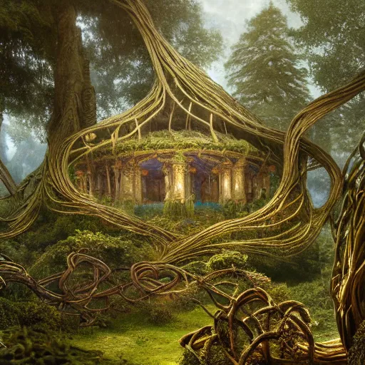Prompt: a beautiful and highly detailed matte painting of an elven temple in a magical fantasy garden in a lush forest in the mystical mountains, celtic knots, tangled trees, knotted vines, intricate details, epic scale, insanely complex, 8 k, sharp focus, hyperrealism, very realistic, by caspar friedrich, albert bierstadt, james gurney, brian froud,