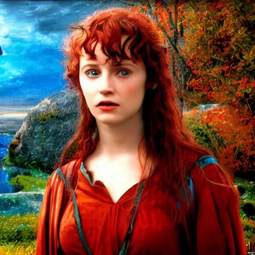 Prompt: hd landscape of lord of the rings, a beautiful red hair girl, blue dress, detailed, colourful glass in background _ h 7 0 4