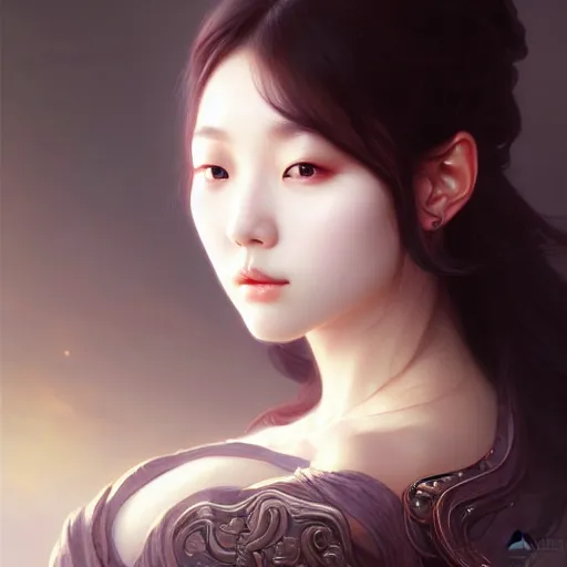 Image similar to Portrait of female korean idol, D&D, face, dark fantasy, intricate, elegant, highly detailed, digital painting, artstation, concept art, smooth, sharp focus, illustration, art by artgerm and greg rutkowski and alphonse mucha