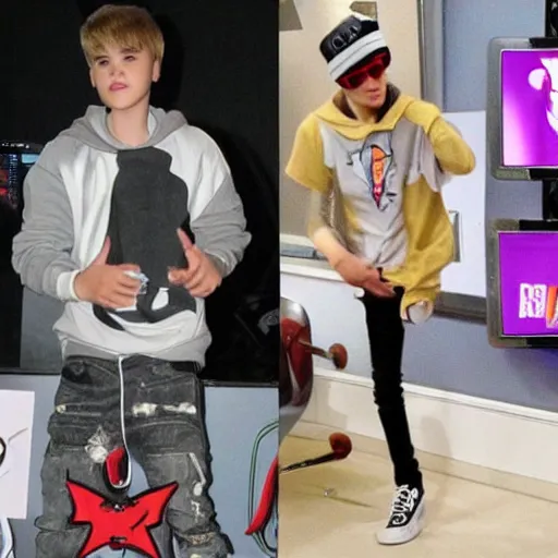 Prompt: Justin Bieber cosplaying fat gamer