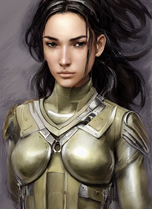 Image similar to a professionally painting of an attractive young female, partially dressed in military armor, olive skin, long dark hair, beautiful bone structure, perfectly proportioned, symmetrical facial features, intricate, elegant, heroic pose, digital painting, concept art, illustration, sketch-like, sharp focus, finely detailed, from Metal Gear, in the style of Ruan Jia and Mandy Jurgens and William-Adolphe Bouguerea