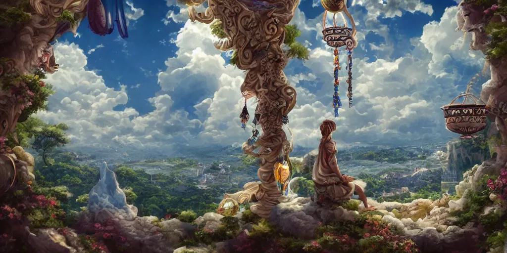 Image similar to painting of wind god enjoying the view from his ornate stone heavenly palace, decorated with windchimes and paper lanterns, nature and clouds in background, digital art, trending on artstation