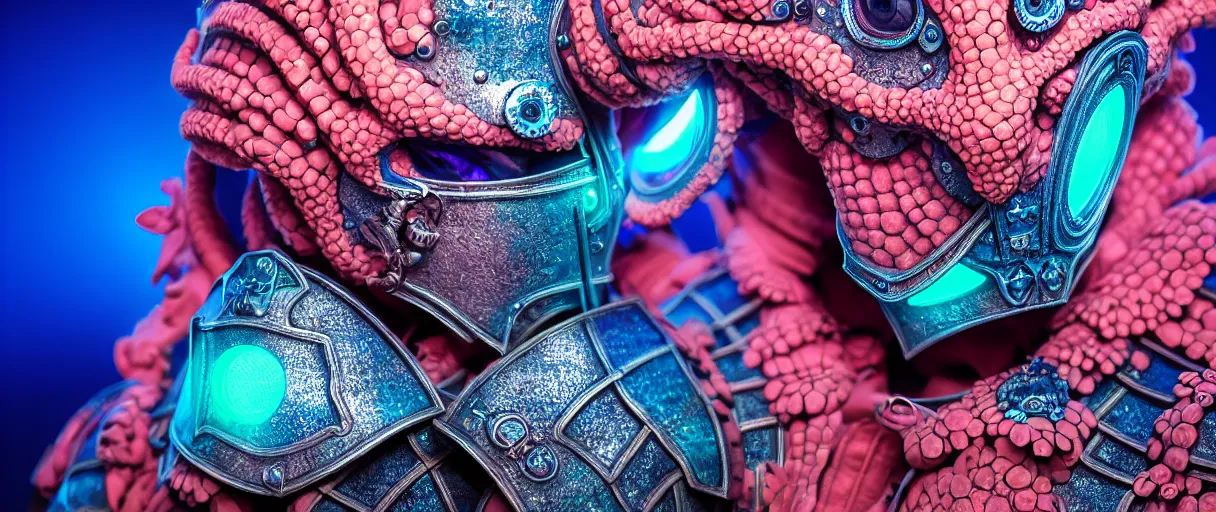 Image similar to hyperrealist highly detailed english medieval portrait of high fashion monster wearing uv light reef armor, radiating atomic neon corals, concept art pascal blanche dramatic studio lighting 8k wide angle shallow depth of field