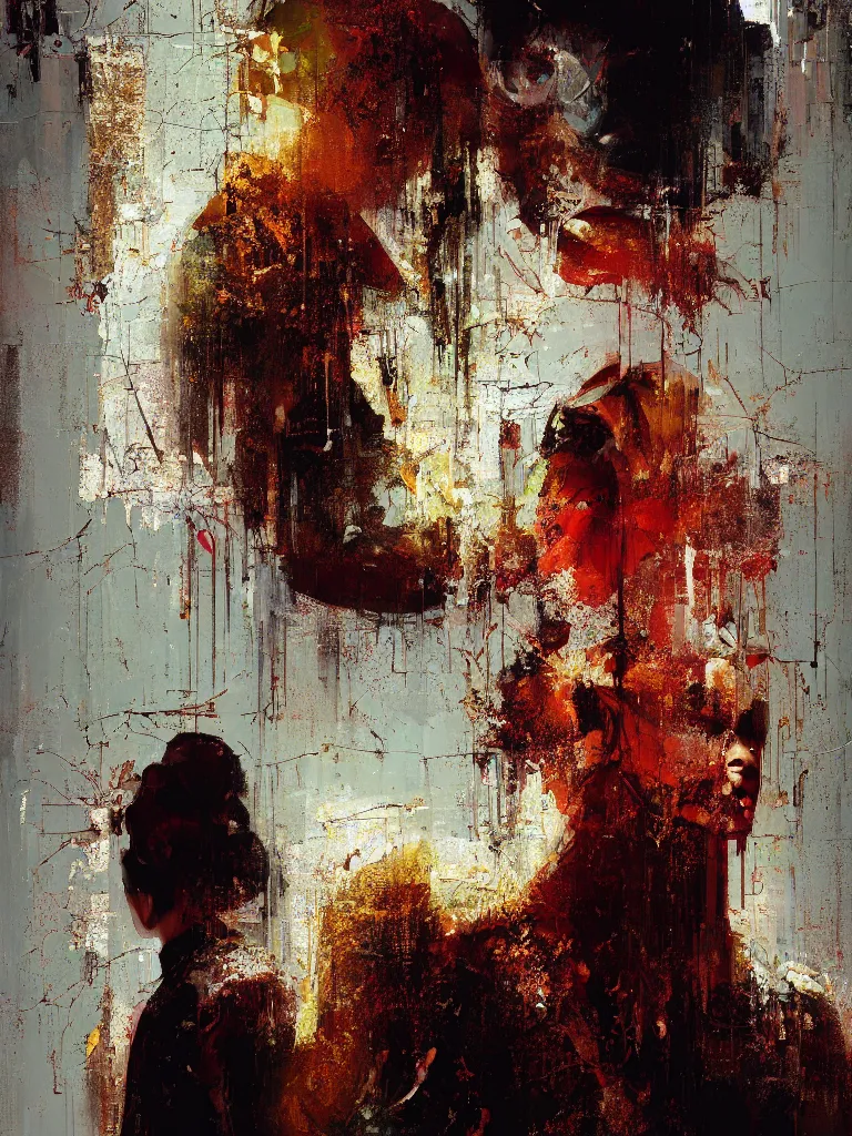 Image similar to a beautiful painting by robert proch and christian hook of a woman in front of a mirror in a glitched bathroom, metal rust and plaster materials, pixel sorting, color bleeding, brushstrokes by jeremy mann