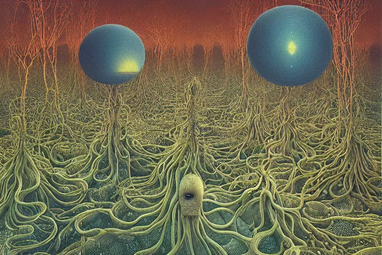 Image similar to a surreal and awe - inspiring science fiction landscape, alien plants and animals, intricate, elegant, highly detailed water coulour painting by beksinski and simon stalenhag