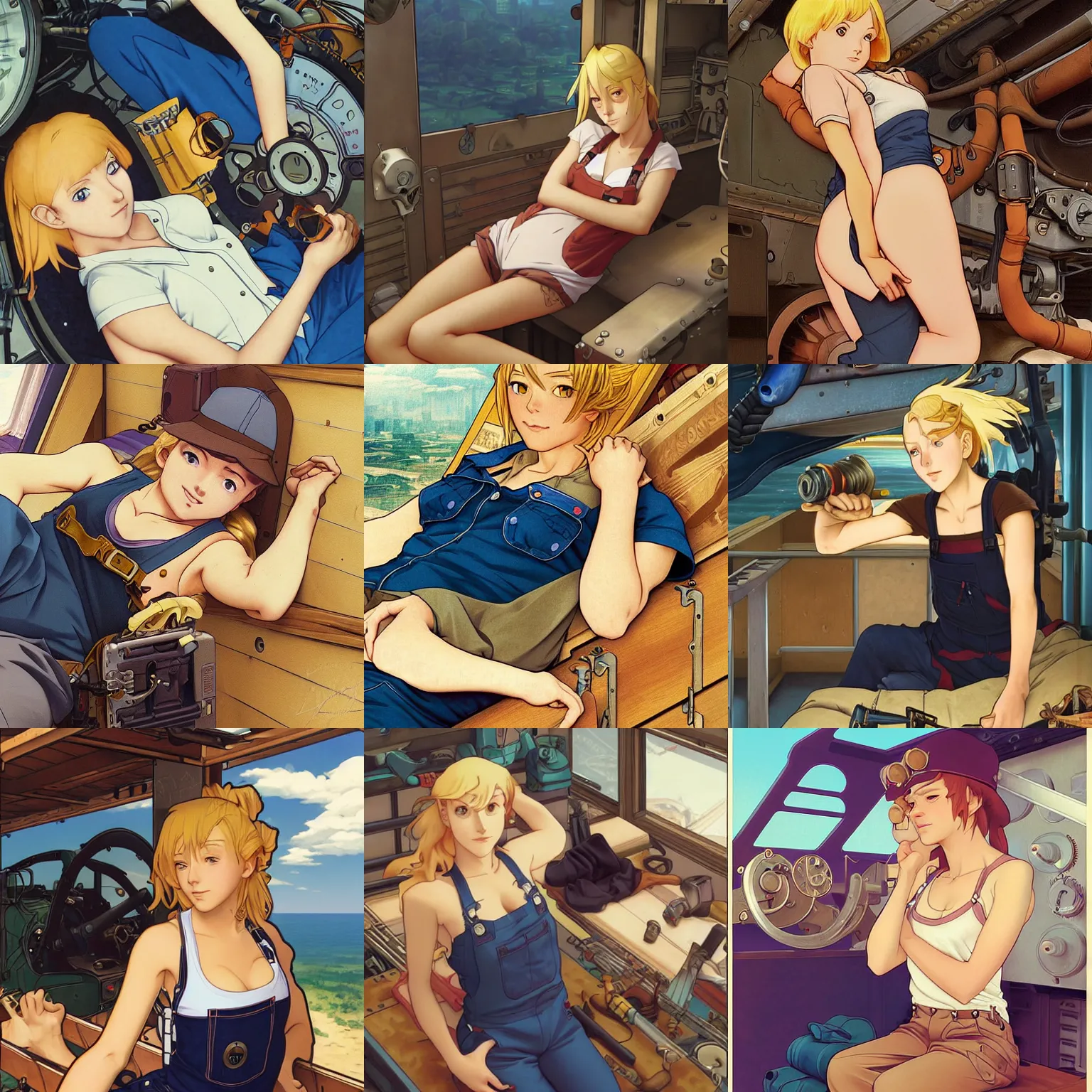 Prompt: Portrait of a mechanic resting in her cramped bunk, blonde, tank top, overalls, steampunk, beautiful face, highly detailed, cel shading, digital painting, anime key visual, by Makoto Shinkai and Hayao Miyazaki, by Artgerm and Alphonse Mucha and William-Adolphe Bouguereau