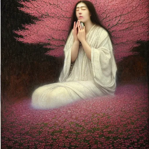 Prompt: a crying woman in a white gown kneeling at a beautiful shrine under a cherry blossom tree, rainy wet, ultradetailed, hd 8 k, agostino arrivabene, oil on canvas, detailed brushstrokes