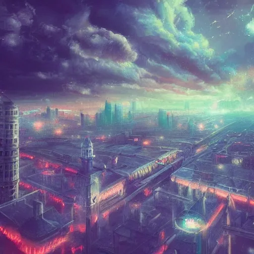 Prompt: city in the clouds, beautiful art, dreamy, high detail, neon, dramatic, cinematic, clouds, moody, star ships, detail, clean, sharp, fantasy art