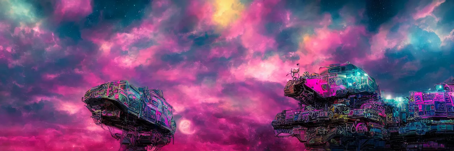 Image similar to hyperdetailed illustration, big punk face, big dog face, stars, dark, pink, big train in space, pirate neon ship, neon, oil painting, rich deep colors masterpiece, ultra detailed, contrast, heaven pink, clouds, volumetric light, atmospheric lighting, dramatic, cinematic, moody, octane render 4 k, 8 k