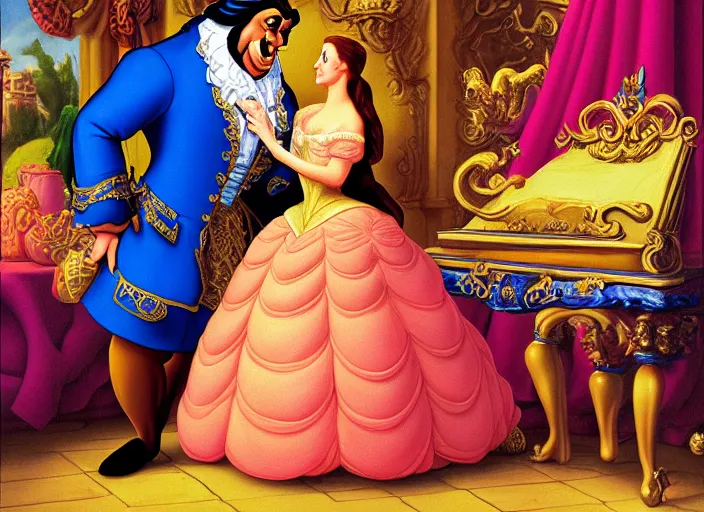 Prompt: baroque rococo painting posing Disney Beauty and the Beast Greg Hildebrandt Lisa Frank high detail cute whimsical