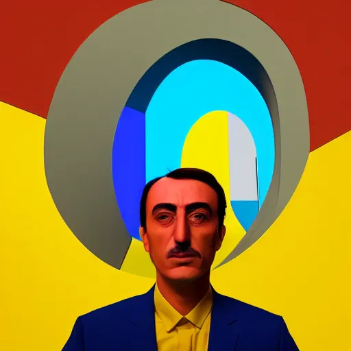 Image similar to ultra realistic portrait of cem yilmaz in a studio, ultra detailed, under blue, red and yellow cinematic lighting, salvador dali, cartoon, monument valley, escher