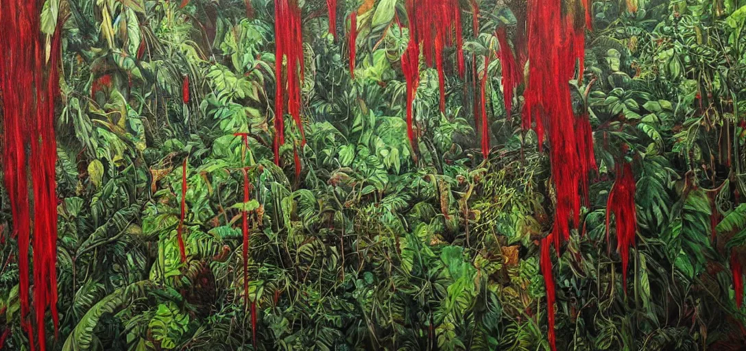 Image similar to hyperrealistic oil painting on canvas, hyperdetailed jungle made of blood and veins