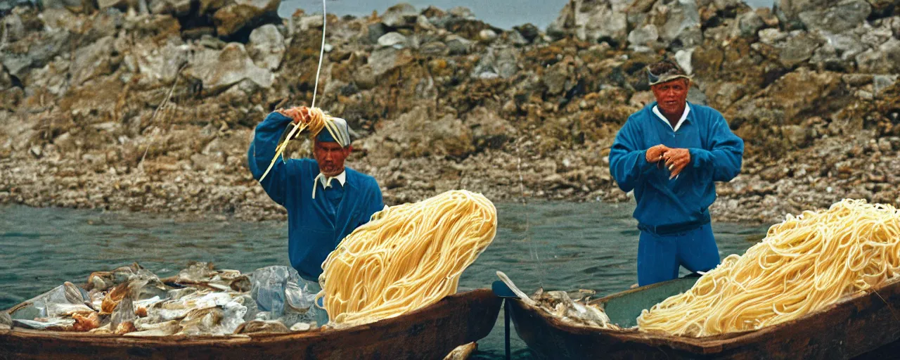 Image similar to fisherman pulling up a fresh catch of spaghetti from the ocean, canon 5 0 mm, cinematic lighting, photography, wes anderson, film, kodachrome