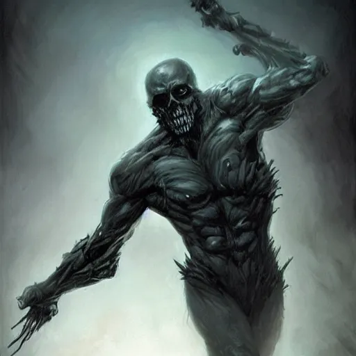 Image similar to wraith, undead, dynamic pose, skull, terrifying, dark, fog, art by brom