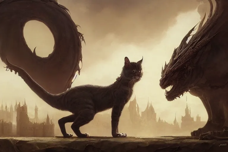 Image similar to giant cat dragon, medium shot, disney concept artists, blunt borders, rule of thirds, by jaime jones, tom bagshaw, lawrence alma - tadema, greg rutkowski, helmut newton, fantasy art, intricate, elegant, highly detailed, 8 k, digital painting, concept art, sharp focus, mythological, ultra realistic, cinematic lighting, maximalist, hyperrealist