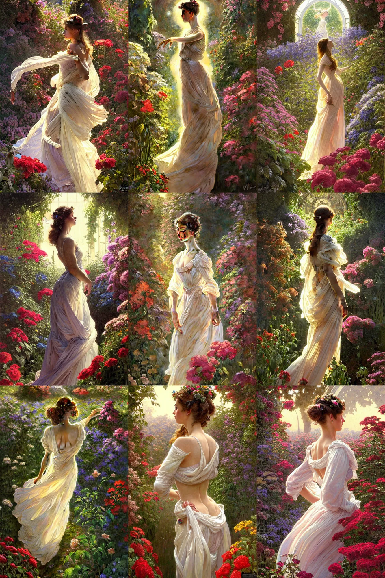 Prompt: clear portrait of a meta human attractive, european women, cottagecore, background hyper detailed flower garden, character concept, dynamic pose, flowing gown, glowing lights!!, intricate, elegant, highly detailed, digital painting, artstation, smooth, lit from above, art by norman rockwell, greg rutkowski and alphonse mucha