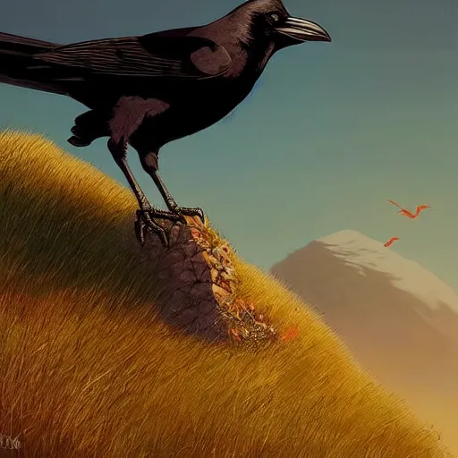 Image similar to a wholesome animation key shot of a crow on a hill, very coherent art, portrait shot, studio ghibli, pixar and disney animation, sharp, anime key art by greg rutkowski, bloom, dramatic lighting