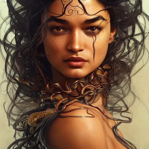 Image similar to Shanina Shaik as Medusa, screaming, snakes for hair, intricate, elegant, highly detailed, digital painting, artstation, concept art, smooth, sharp focus, illustration, art by artgerm and greg rutkowski and alphonse mucha