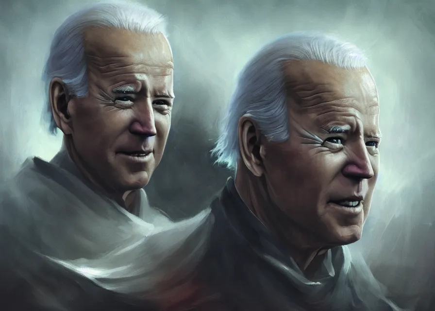 Prompt: painting of Joe Biden, Sidious, noxious, cosmic horror, evil, dangerous, nightmare, sharp focus, waist up, trending on ArtStation, masterpiece, by Greg Rutkowski, by Ross Tran, by Fenghua Zhong, octane, clear eyes, soft render, clear facial features, oil on canvas, moody lighting, cinematic, professional environment concept art
