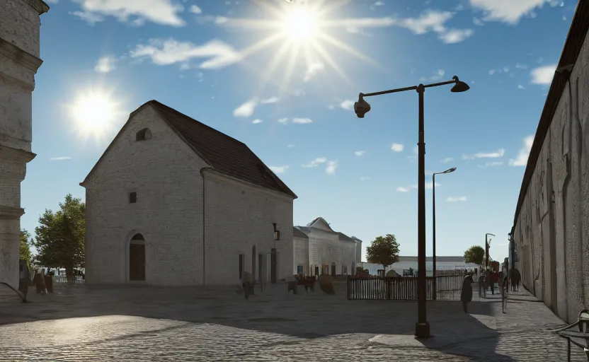 Image similar to photorealistic Haapsalu on a sunny day . daylight. sunlight. lens flare. light fixtures. 8K. detailed. photorealism. artstation. 25mm f/1.7 ASPH Lens. ultra realistic