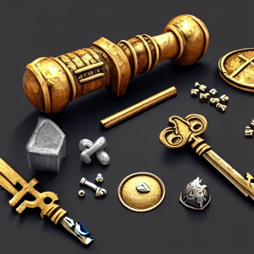 Image similar to a 3d game item of the metal key, icon, vray 4k render, on the white background, rpg game inventory item