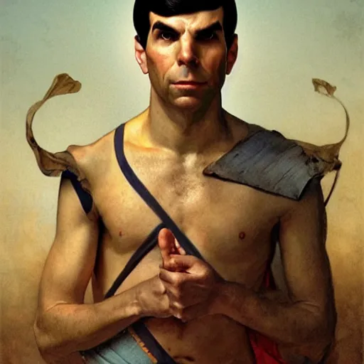 Image similar to portrait of ZACHARY QUINTO SPOCK as a greek statue, (SFW) safe for work, photo realistic illustration by greg rutkowski, thomas kindkade, alphonse mucha, loish, norman rockwell